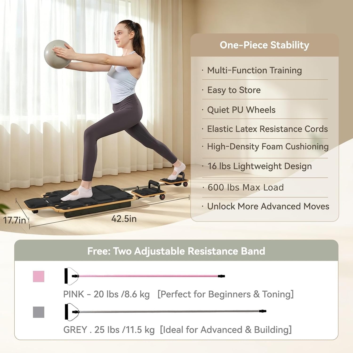 Solid Maple Home Pilates Reformer，610‑Lbs Capacity