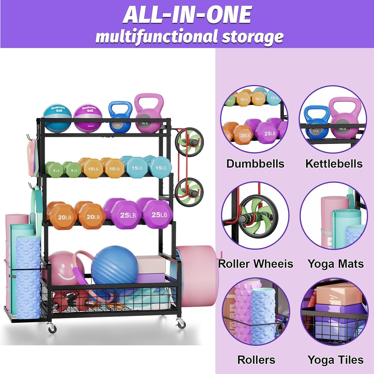 490‑Lbs Mobile Dumbbell Rack with Wheels Hooks