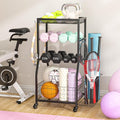 Home Gym Storage Rack with Wheels Hooks Mat Holder