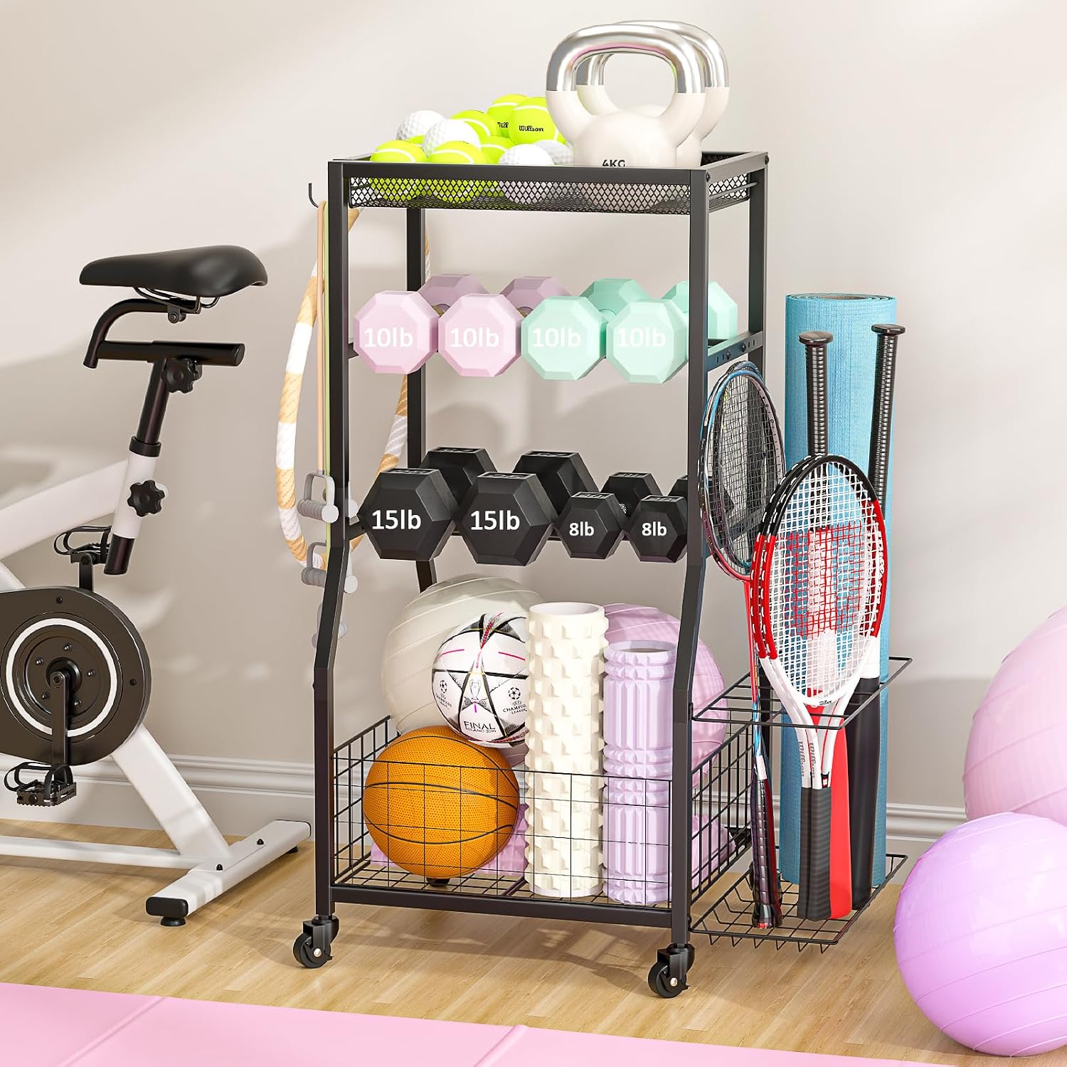 Home Gym Storage Rack with Wheels Hooks Mat Holder