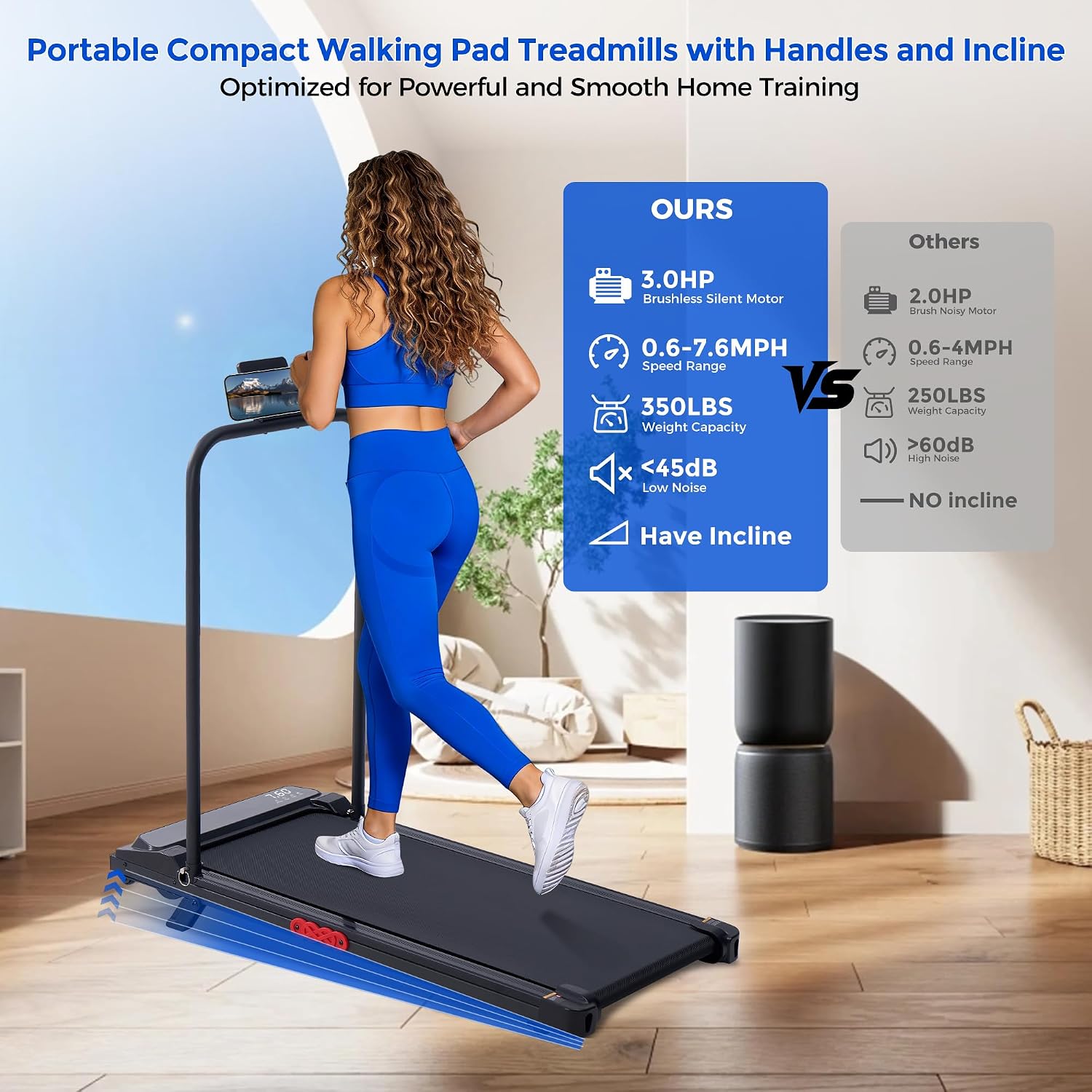 3.0HP Portable Incline Walking Pad Treadmill