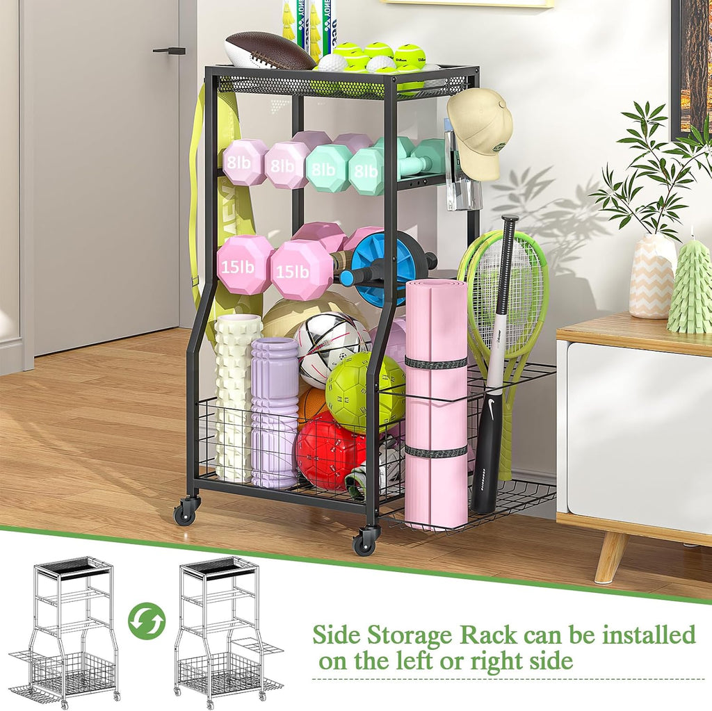 Home Gym Storage Rack with Wheels Hooks Mat Holder