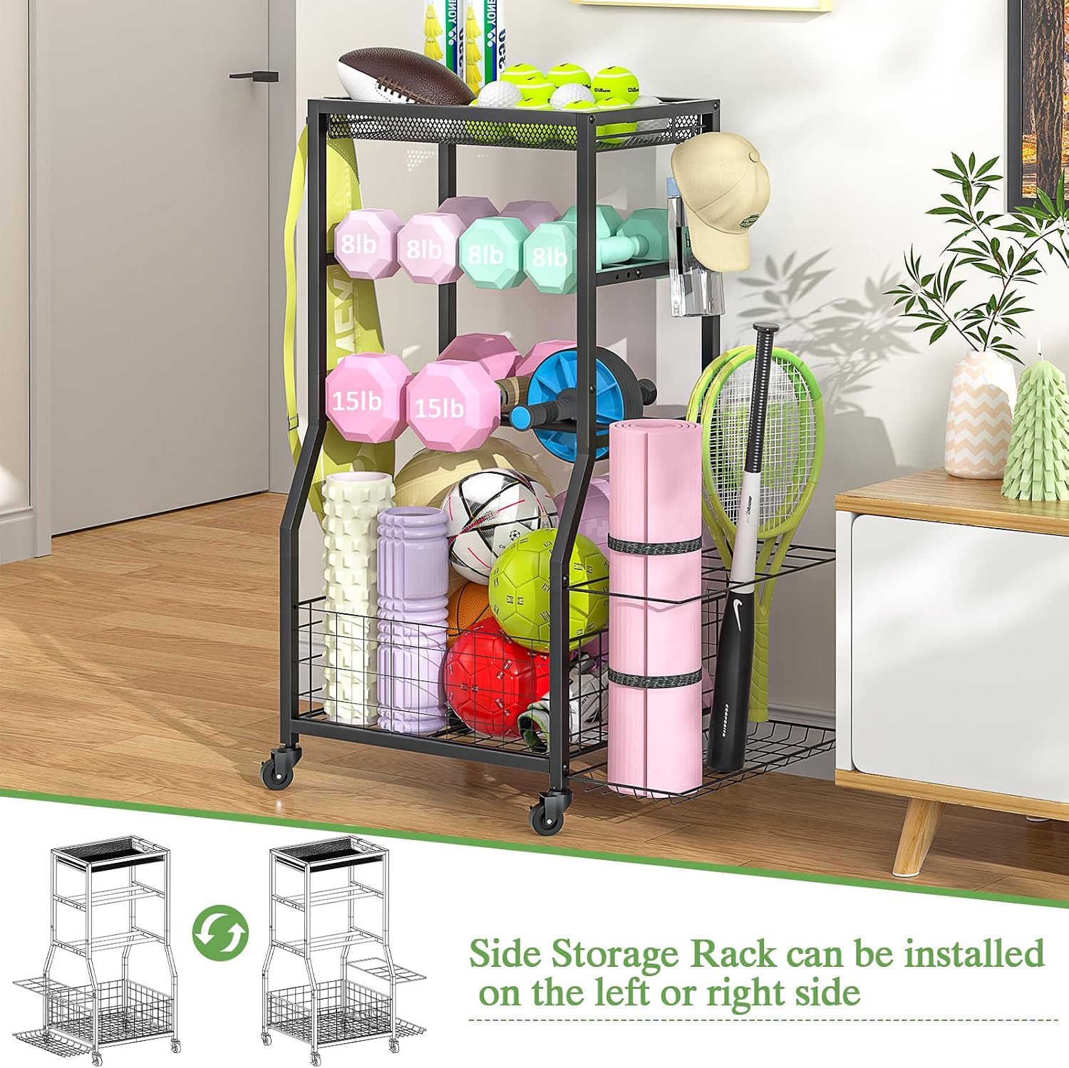 Home Gym Storage Rack with Wheels Hooks Mat Holder