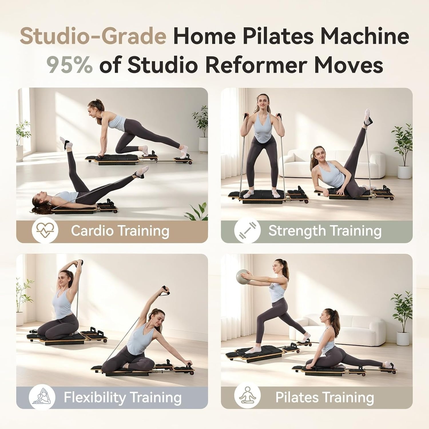 Solid Maple Home Pilates Reformer，610‑Lbs Capacity