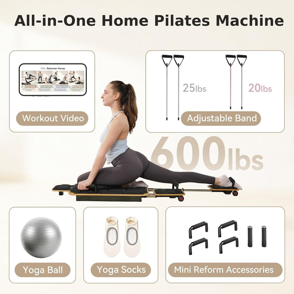 Solid Maple Home Pilates Reformer，610‑Lbs Capacity
