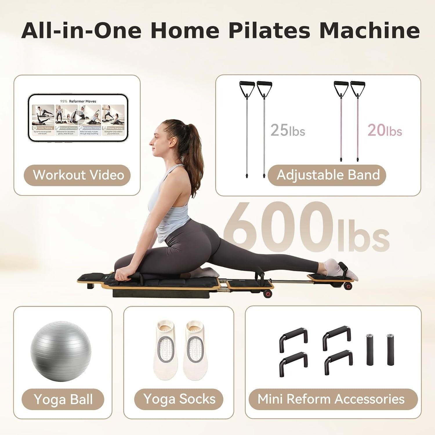 Solid Maple Home Pilates Reformer，610‑Lbs Capacity