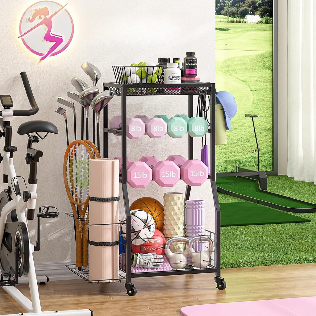 Home Gym Storage Rack with Wheels Hooks Mat Holder